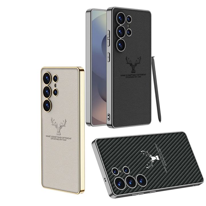 Samsung Galaxy S25 Ultra Deer Leather Case, Premium Designer Case Regal Stag Deer Electroplated Leather Case - Titanium